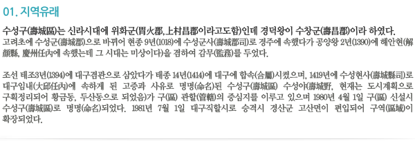 01.지역유래 수성구(壽城區)는 신라시대에 위화군(胃火郡,上村昌郡이라고도함)인데 경덕왕이 수창군(壽昌郡)이라 하였다. 고려초에 수성군(壽城郡)으로 바뀌어 현종 9년(1018)에 수성군사(壽城郡司)로 경주에 속했다가 공양왕 2년(1390)에 해안현(解顔縣, 慶州任內에 속했는데 그 시대는 미상이다)을 겸하여 감무(監務)를 두었다. 조선 태조3년(1394)에 대구겸관으로 삼았다가 태종 14년(1414)에 대구에 합속(合屬)시켰으며, 1419년에 수성현사(壽城縣司)로 대구임내(大邱任內)에 속하게 된 고증과 사유로 명명(命名)된 수성구(壽城區) 수성야(壽城野, 현재는 도시계획으로 구획정리되어 황금동, 두산동으로 되었음)가 구(區) 관할(管轄)의 중심지를 이루고 있으며 1980년 4월 1일 구(區) 신설시 수성구(壽城區)로 명명(命名)되었다. 1981년 7월 1일 대구직할시로 승격시 경산군 고산면이 편입되어 구역(區域)이 확장되었다.