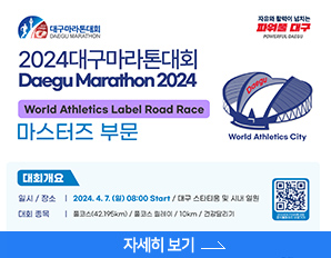 2024 대구마라톤대회 마스터즈 부문, 대회개요 - 일시/장소 : 2024. 4.7. 일요일 08:00 Start / 대구스타디움 및 시내 일원, 대회종목 : 풀코스 / 풀코스 릴레이 / 10km /건강달리기 , 자세히 보기