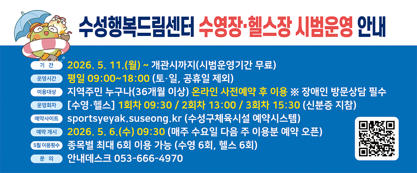 수성행복드림센터 수영장헬스장 시범운영 안내, 기간 : 2026.5.11.(월) ~ 개관시까지(시범운영기간 무료), 운영시간 : 평일 09:00~18:00(토,일, 공휴일 제외), 이용대상 지역주민 누구나(36개월 이상) 온라인 사전예약 후 이용 ※장애인 방문상담 필수, 운영회차 [수영,헬스] 1회차 09:30 / 2회차 13:00/ 3회차 15:30(신분증 지참), 예약사이트 sportsyeyak.suseong.kr(수성구체육시설 예약시스템), 예약 개시 2026. 5. 6.(수) 09:30 (매주 수요일 다음주 이용분 예약 오픈), 5월 이용횟수: 종목별 최대 6회 이용가능(수영6회, 헬스 6회), 문의 :안내데스크 053-666-4970