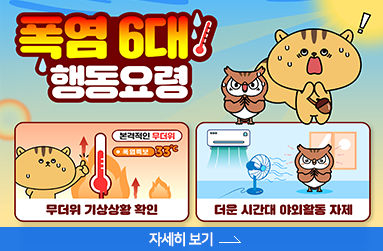 폭염 6대 행동요령 - 무더위 기상상황 확인, 더운 시간대 야외활동 자제, 자세히 보기 