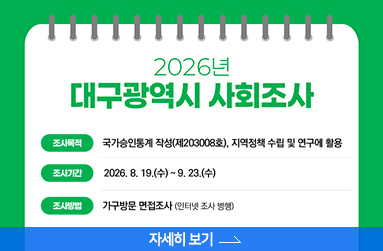 2026년 대구광역시 사회조사, 조사목적: 국가승인통계(제203008호), 지역정책 수립 및 연구에 활용, 조사기간: 2026. 8. 19.(수) ~ 9. 23.(수), 조사방법: 가구방문 면접조사(인터넷 조사 병행), 자세히 보기