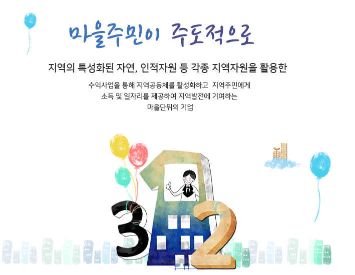 마을주민이 주도적으로 지역의 특성화된 자연, 인적자원 등 각종 지역자원을 활용한 수익사업을 통해 지역공동체를 활성화하고  지역주민에게 소득 및 일자리를 제공하여 지역발전에 기여하는 마을단위의 기업